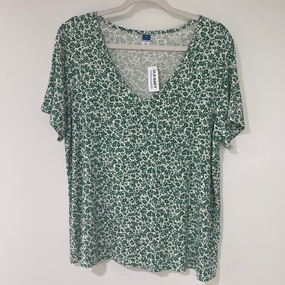 Old Navy Luxe V-Neck Tee Women Large Green Floral Short Sleeve | Cottagecore